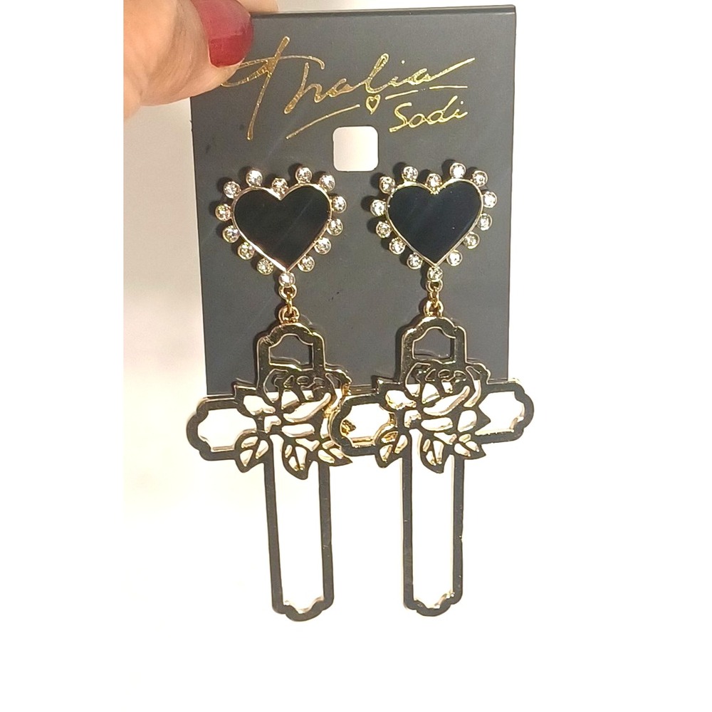 Thalia Sodi GoldTone Rose Cross Black Heart Stud Drop Dangle Earrings New w tags